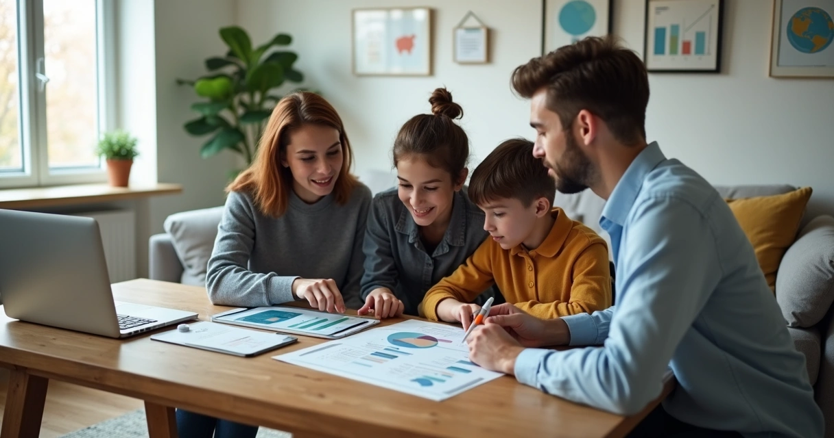 Família reunida com planejador financeiro analisando orçamento em tablet