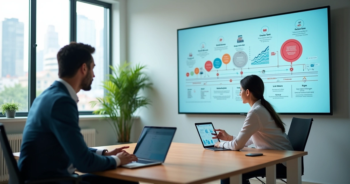 Consultor financeiro mostra jornada do cliente em painel digital para cliente em reunião