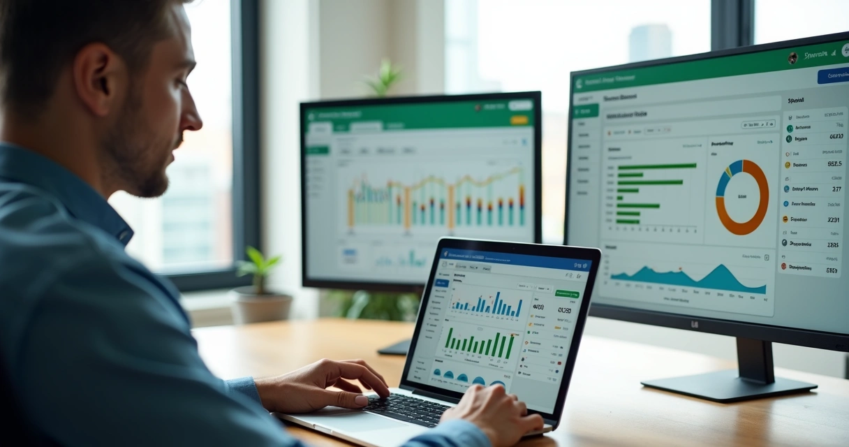 Mentor financeiro usando dashboard digital para gerenciar vários clientes