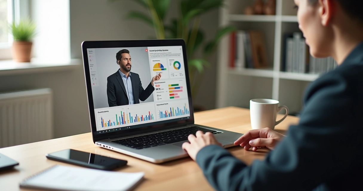 Mentor financeiro em videoconferência analisando dashboards com empreendedora