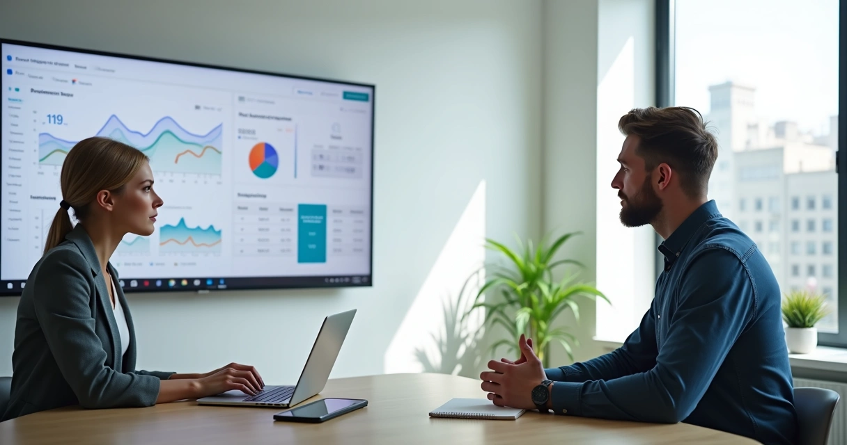Mentora financeira mostrando gráficos em notebook para cliente em reunião