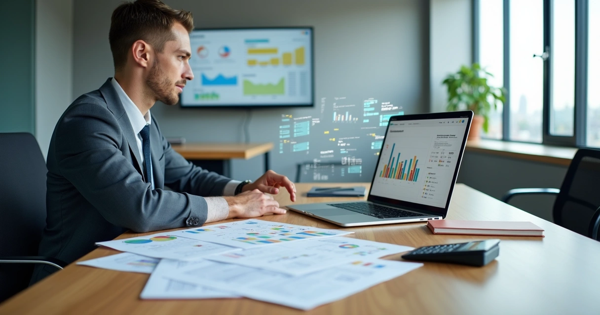 Profissional de finanças migrando dados de planilhas em papel para uma plataforma financeira em laptop com gráficos e dashboards