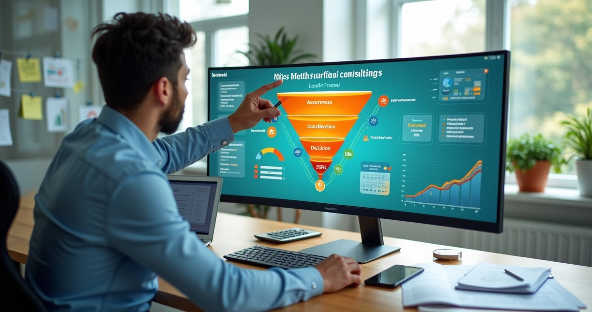 Consultor financeiro analisando funil digital de nutrião de leads em painel com gráficos