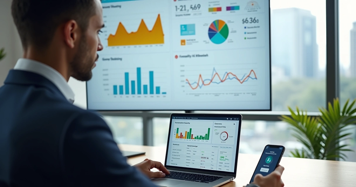 Planejador financeiro analisando plataforma digital com gráficos e automações