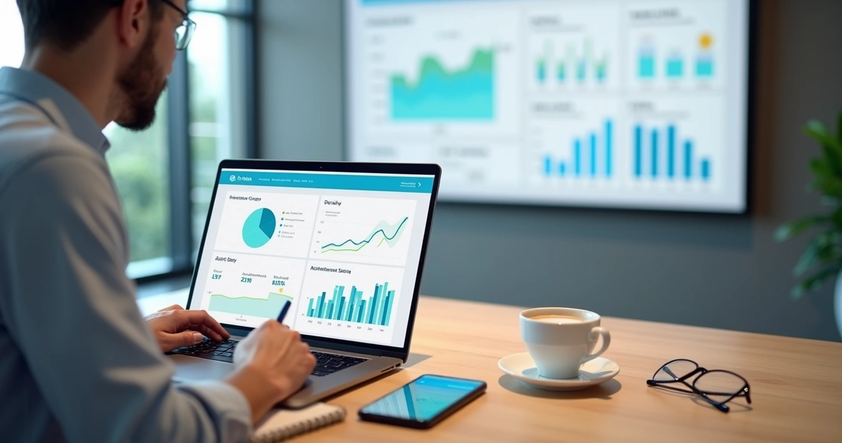 Planejador financeiro usando plataforma digital com dashboards em laptop
