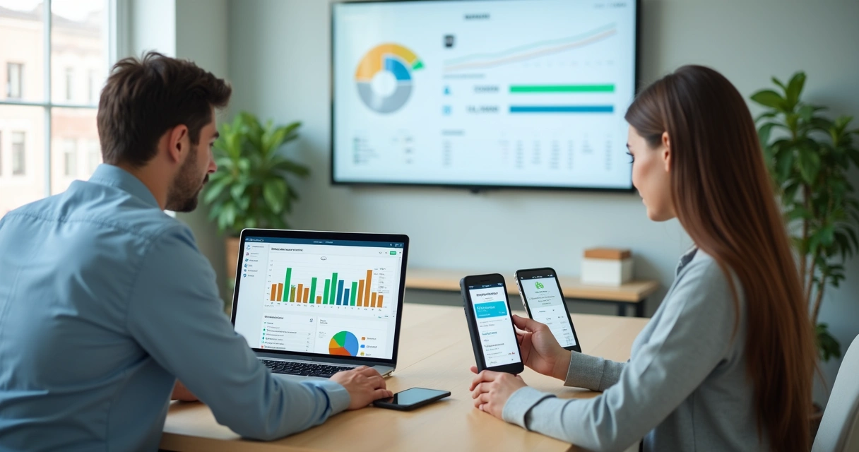 Consultor financeiro analisando planejamento financeiro pessoal com cliente em frente a dashboard digital