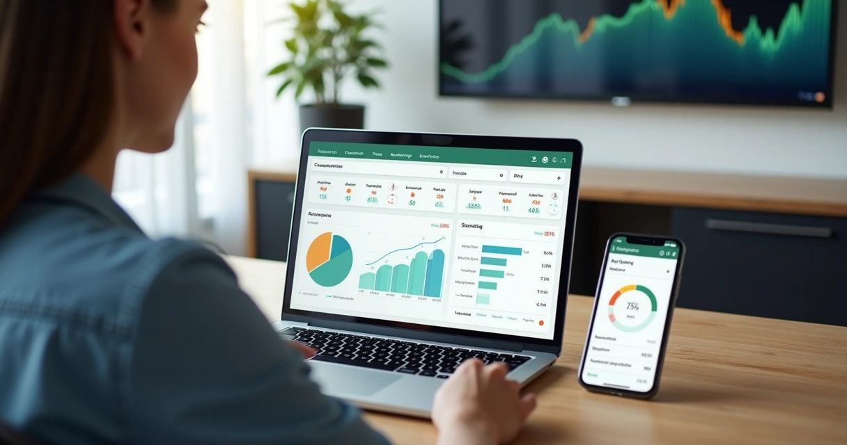 Planejador financeiro mostrando painel digital de finanças a cliente em notebook