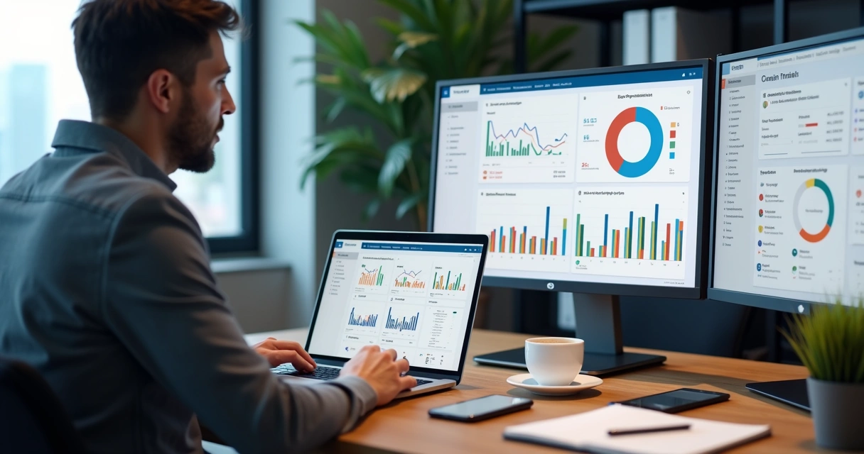 Educador financeiro usando plataforma digital com dashboards e integração bancária na tela do notebook