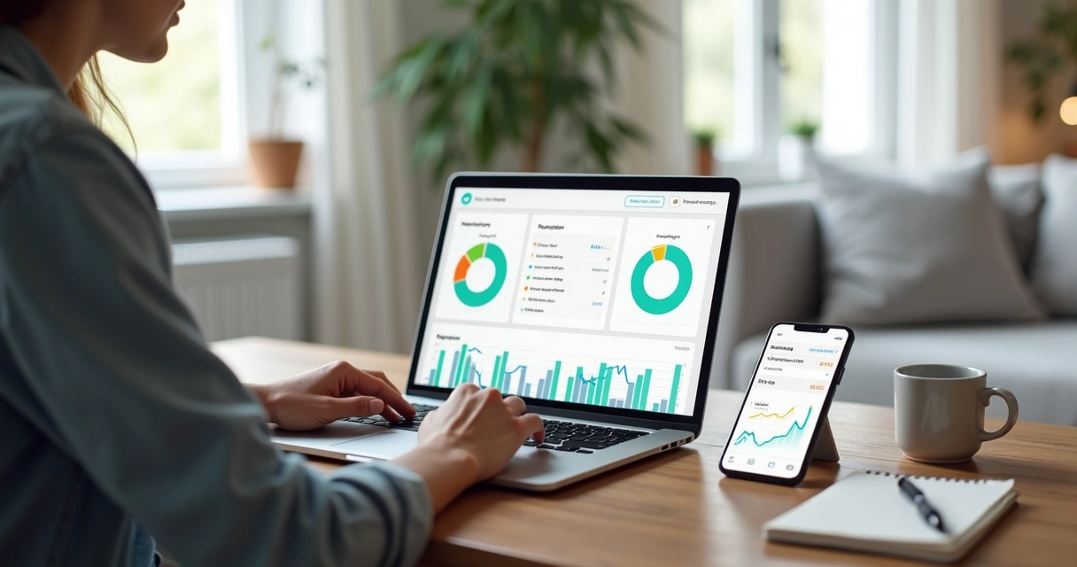 Pessoa usando plataforma de finanças pessoais em notebook e smartphone com gráficos de gastos