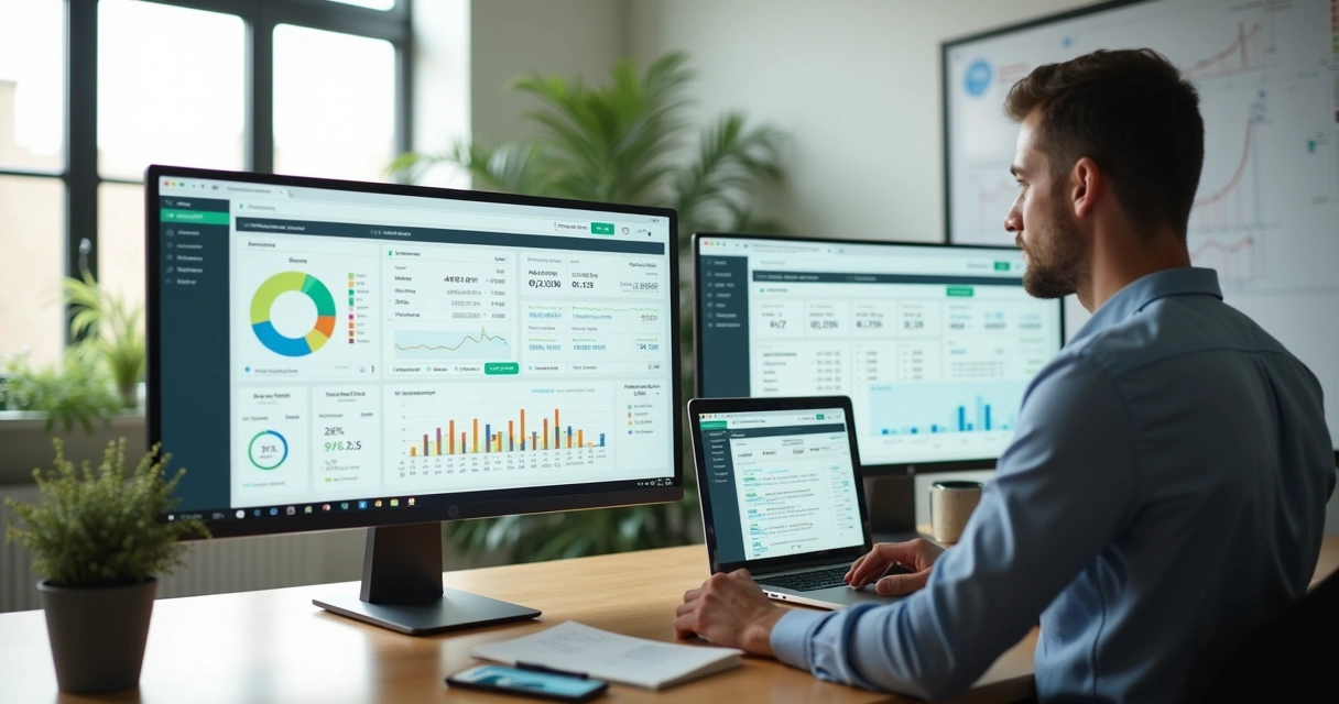 Educador financeiro usando software com dashboards financeiros em notebook
