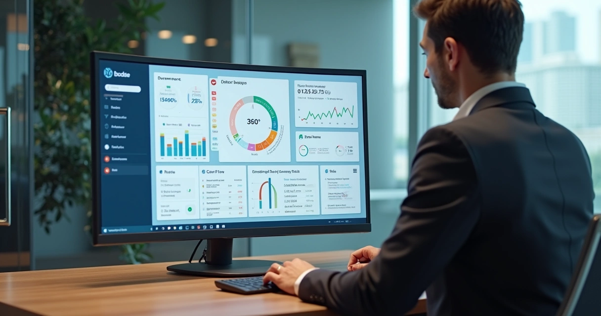 Consultor financeiro analisa visão 360 de dados financeiros de um cliente em painel digital