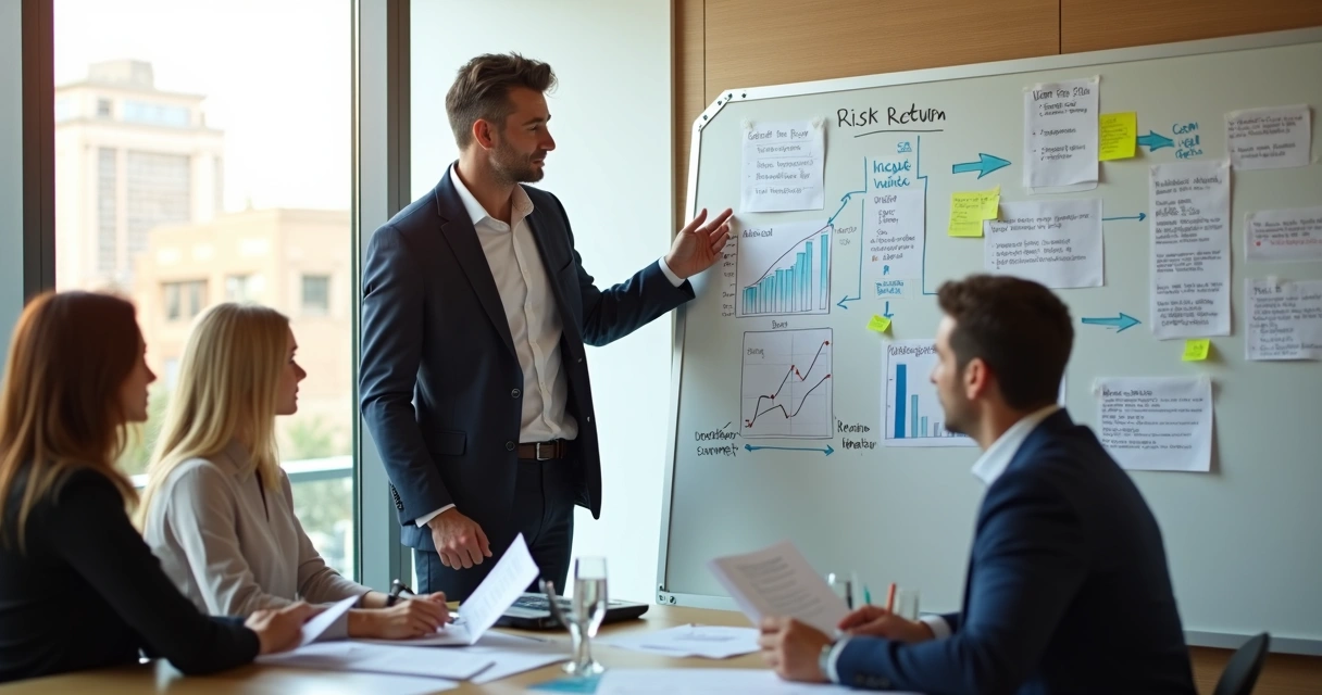 Consultor de investimentos explicando estratégia usando painel físico com gráficos coloridos
