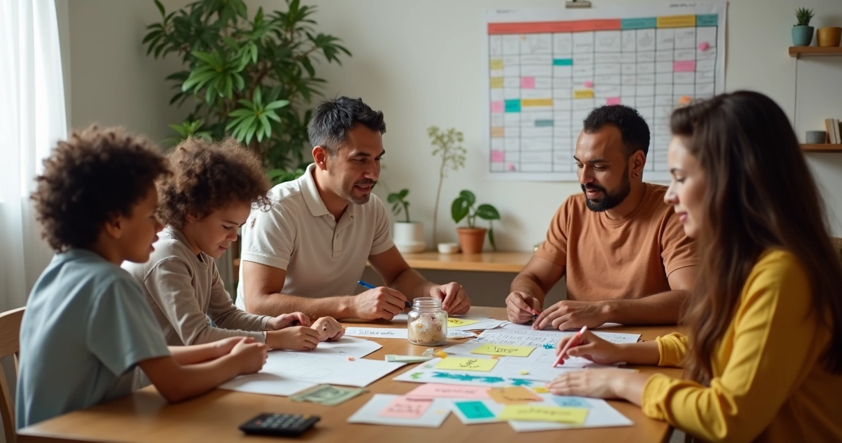 Família reunida à mesa organizando orçamento em painel colorido na parede